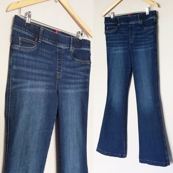 Spanx Flare Jeans Midnight Blue Shade Pull On Stretch High Waist L Petite $148 - Picture 13 of 16